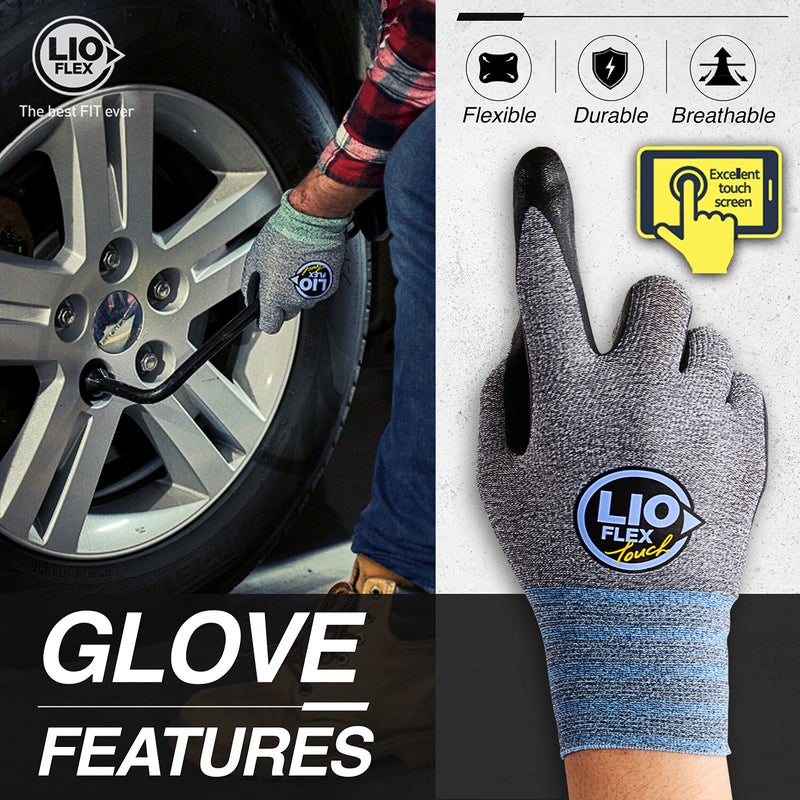 LIO FLEX Safety Work Gloves with Touchscreen Fingers, 3 Pairs Thin & Lightweight Working Gloves, Ideal for Warehouse Workers, Delivery Drivers, Nitrile Foam Coated Grip Gloves for Women and Men (Gray, S) - Image 4